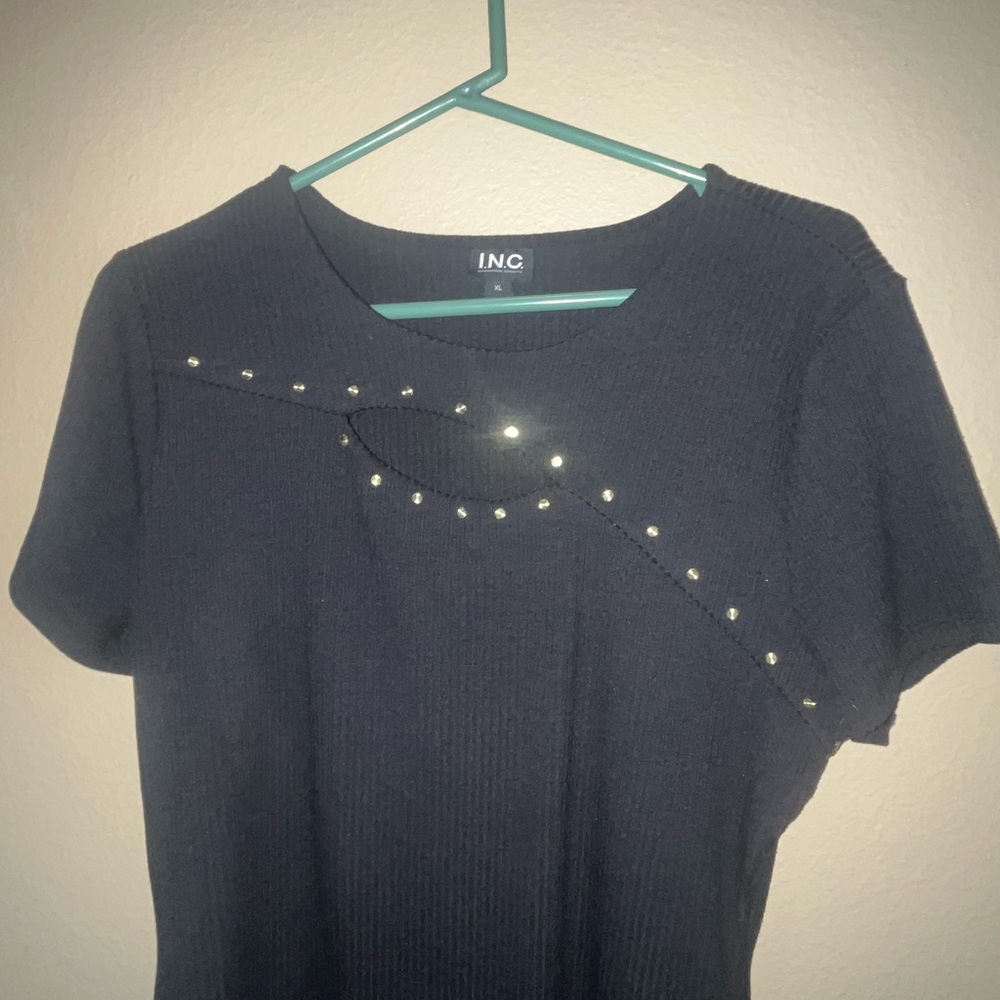 INC International Concepts Black Short-Sleeve Knit Top with Stud Accents NEW!